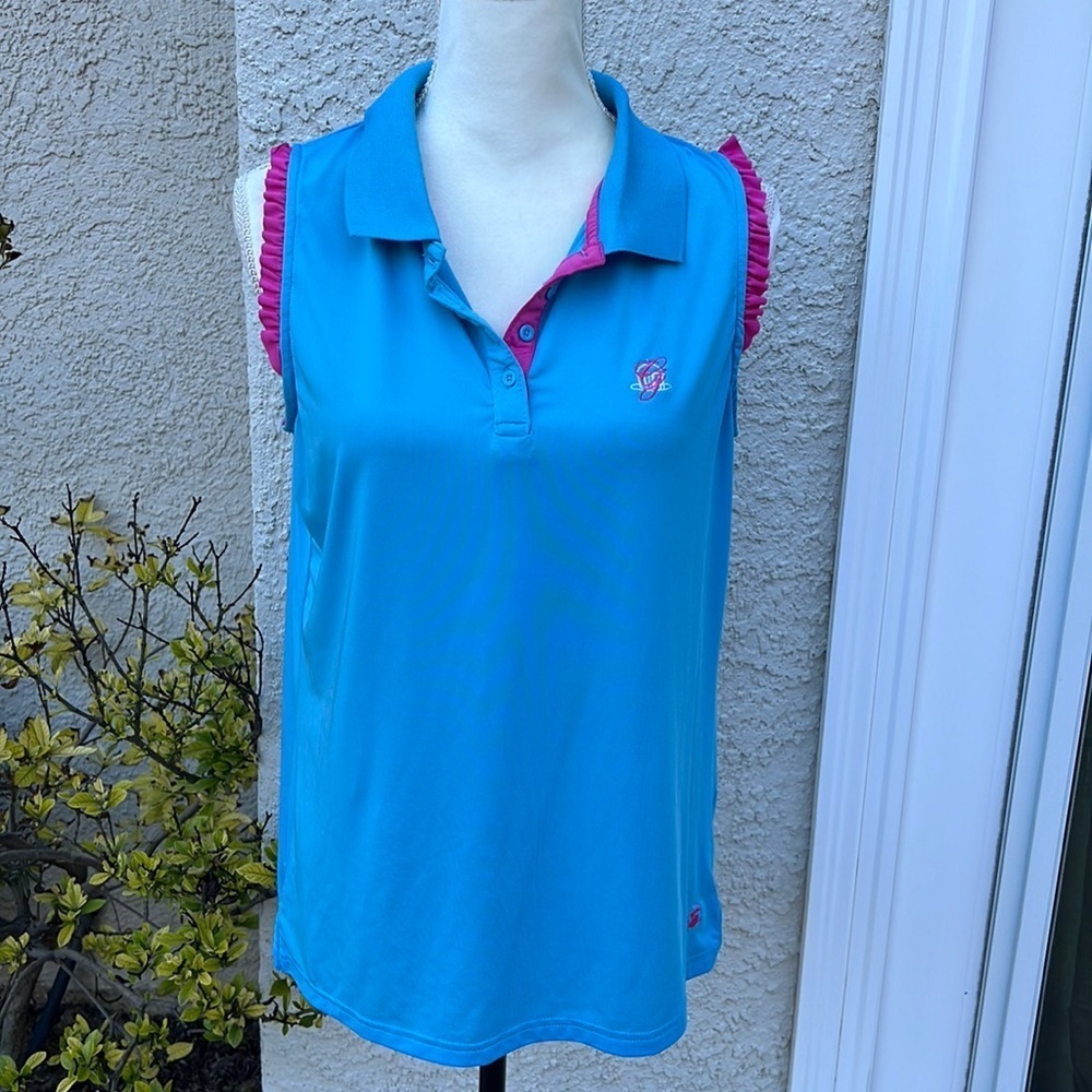 Birdies & Bows Blue Golf Tank Top with Pink Ruffle Detail Women's Size L